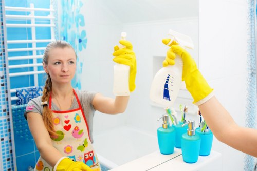Professional office cleaner maintaining a Maidavale business reception area