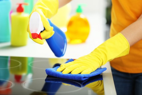 Insured carpet cleaning process with staff observing safety checks